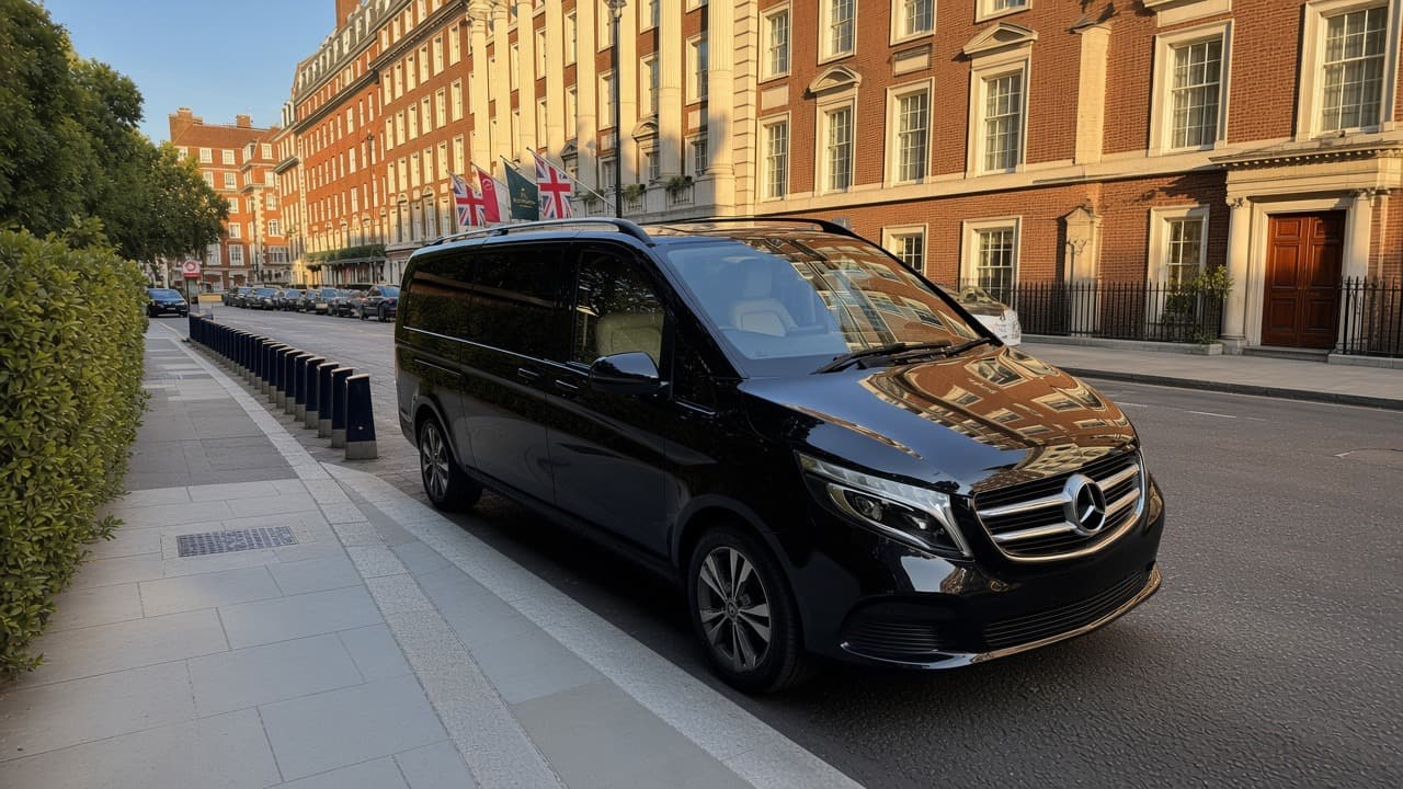 Black Mercedes executive van for Montreal group transfers, parked outside a hotel