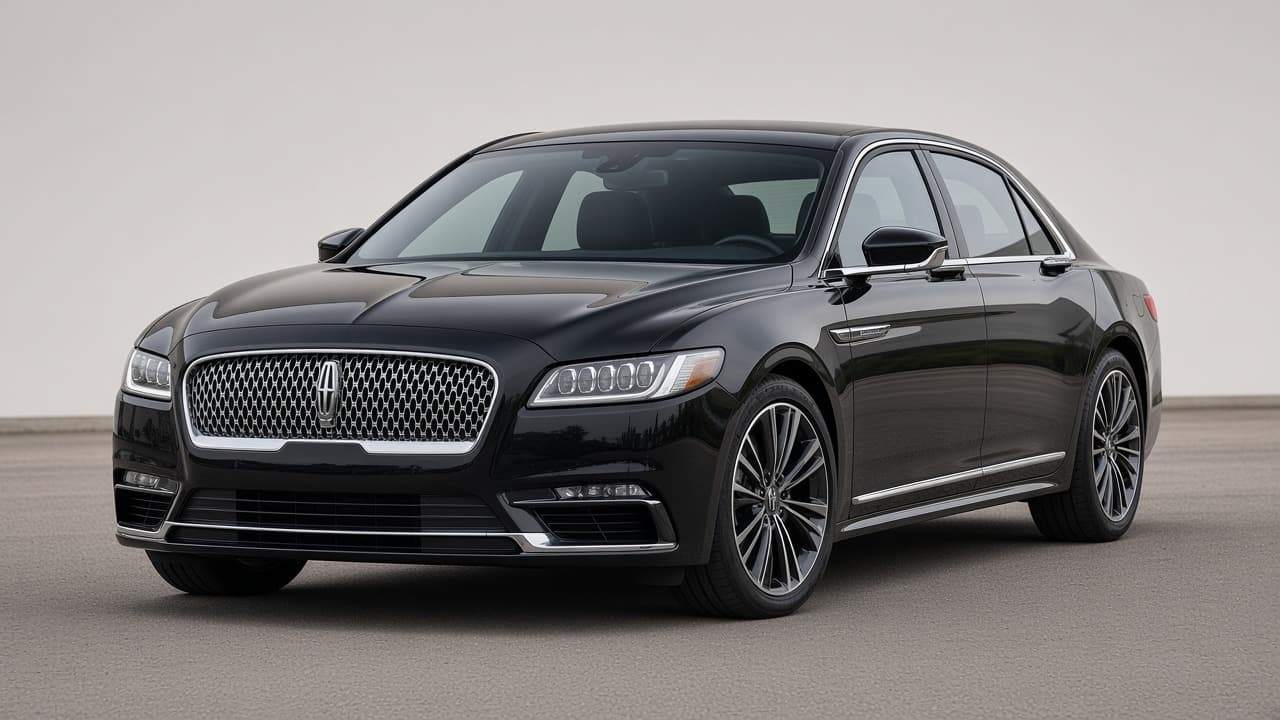 Black Lincoln luxury sedan, front view, chauffeured car in Montreal